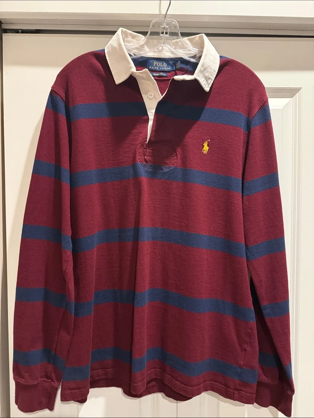 Ralph Lauren Burgundy & Navy Striped Polo Shirt with White Collar